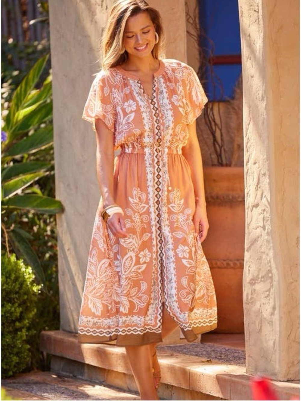 Skies Are Blue Floral Midi Dress Terracotta Cream Boho Flutter Sleeve